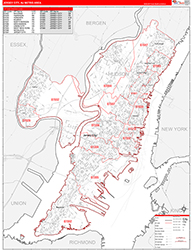 Jersey City Metro Area Wall Map Red Line Style 2026